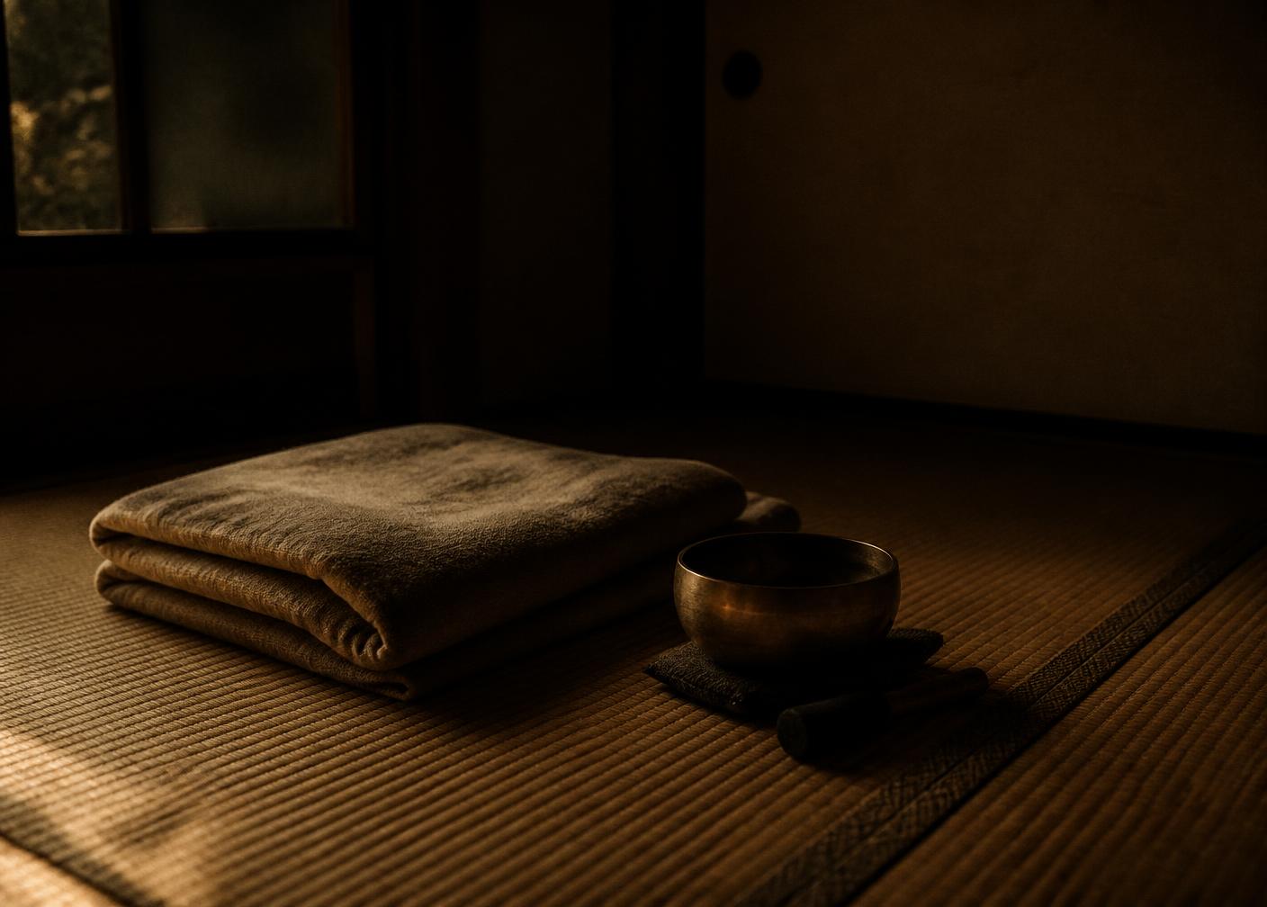 Tatami installé au sol avec une couverture pliée et un bol sonore